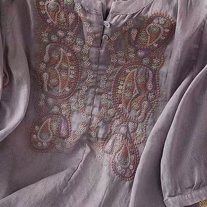 Chemise décontractée ample à manches mi-longues et col ras du cou en coton avec Buddha Stones et boutons grenouille pour femme