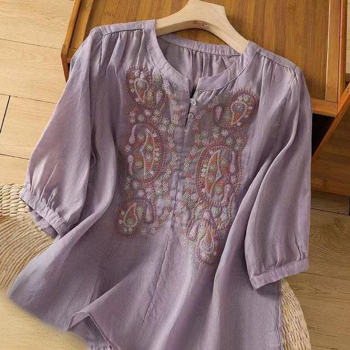 Chemise décontractée ample à manches mi-longues et col ras du cou en coton avec Buddha Stones et boutons grenouille pour femme