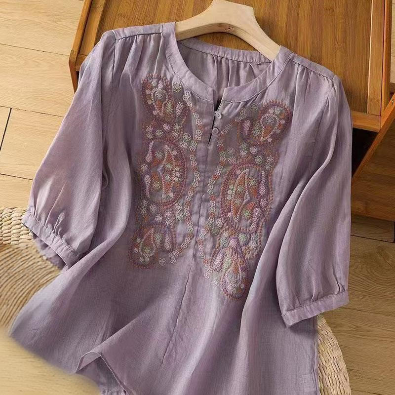 Chemise décontractée ample à manches mi-longues et col ras du cou en coton avec Buddha Stones et boutons grenouille pour femme - Violet moyen - US12，UK/AU16，EU44 (3XL) - image 0