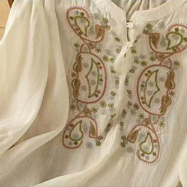 Chemise décontractée ample à manches mi-longues et col ras du cou en coton avec Buddha Stones et boutons grenouille pour femme