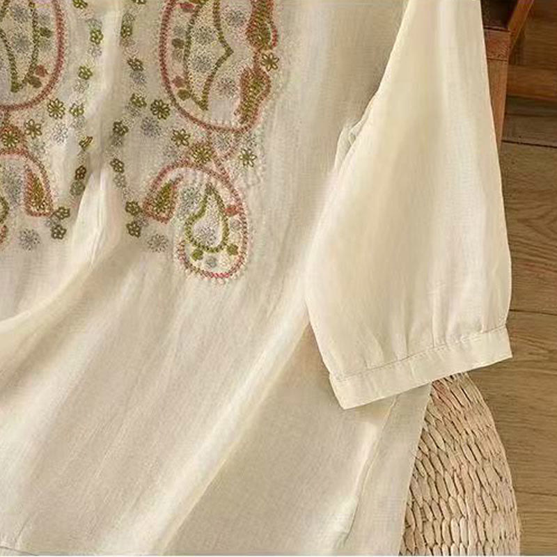 Chemise décontractée ample à manches mi-longues et col ras du cou en coton avec Buddha Stones et boutons grenouille pour femme