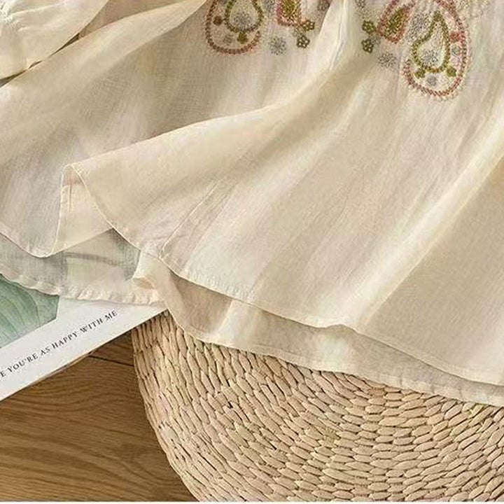 Chemise décontractée ample à manches mi-longues et col ras du cou en coton avec Buddha Stones et boutons grenouille pour femme