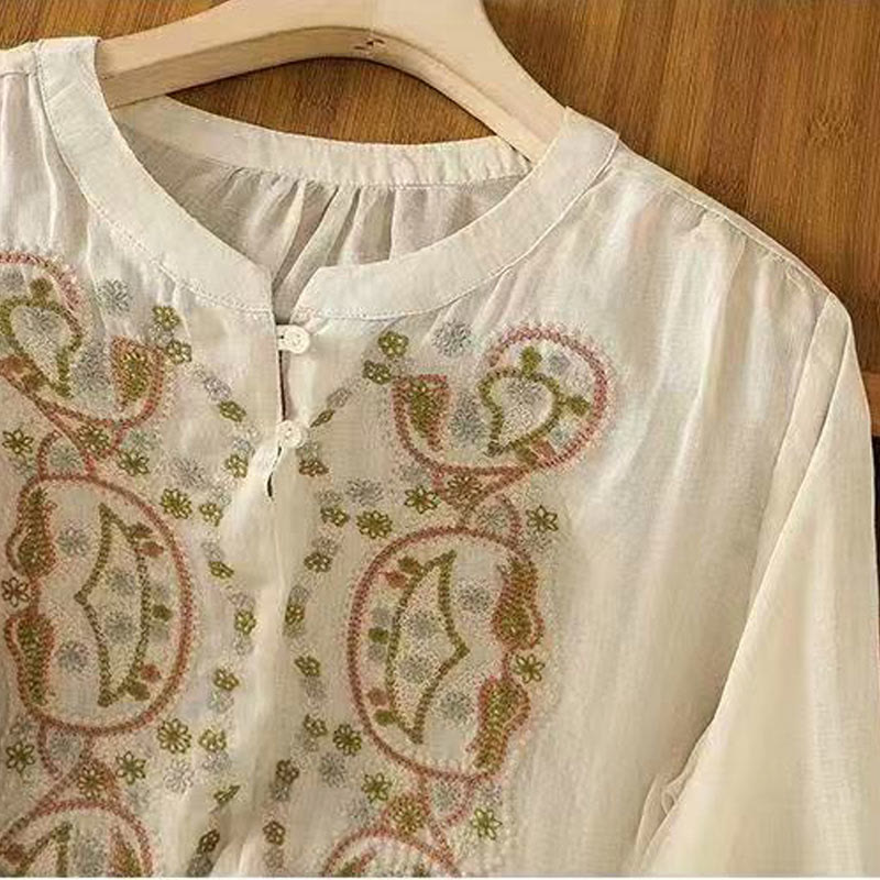 Chemise décontractée ample à manches mi-longues et col ras du cou en coton avec Buddha Stones et boutons grenouille pour femme - image 8