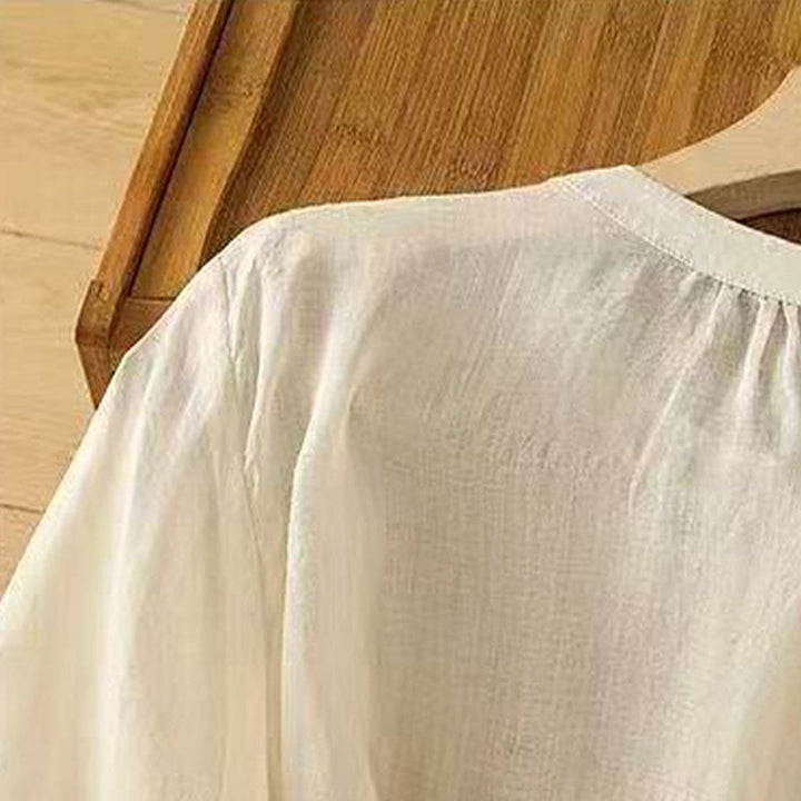 Chemise décontractée ample à manches mi-longues et col ras du cou en coton avec Buddha Stones et boutons grenouille pour femme