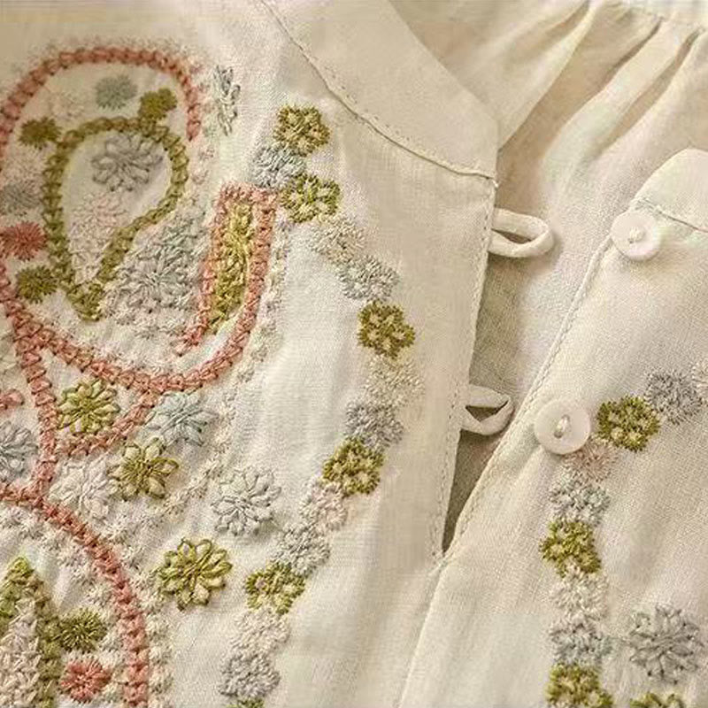 Chemise décontractée ample à manches mi-longues et col ras du cou en coton avec Buddha Stones et boutons grenouille pour femme