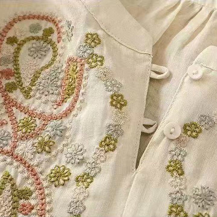 Chemise décontractée ample à manches mi-longues et col ras du cou en coton avec Buddha Stones et boutons grenouille pour femme