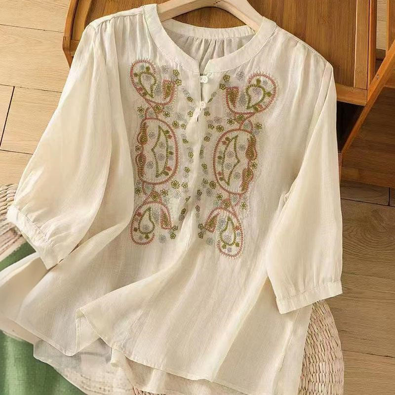 Chemise décontractée ample à manches mi-longues et col ras du cou en coton avec Buddha Stones et boutons grenouille pour femme