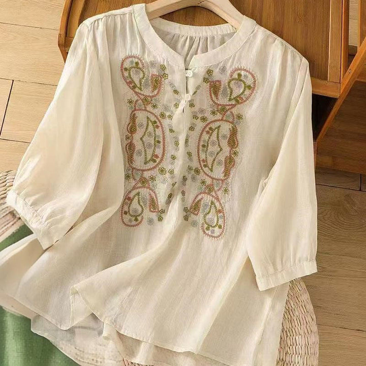 Chemise décontractée ample à manches mi-longues et col ras du cou en coton avec Buddha Stones et boutons grenouille pour femme