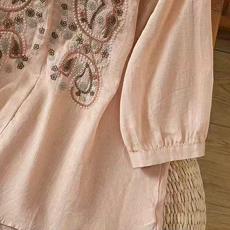 Chemise décontractée ample à manches mi-longues et col ras du cou en coton avec Buddha Stones et boutons grenouille pour femme