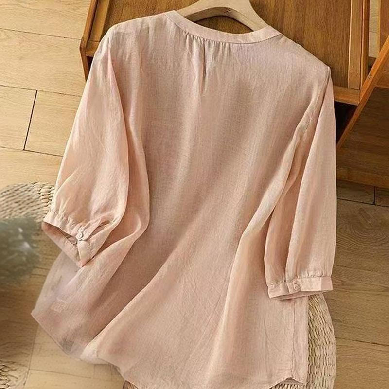 Chemise décontractée ample à manches mi-longues et col ras du cou en coton avec Buddha Stones et boutons grenouille pour femme