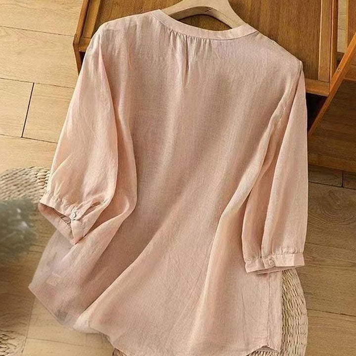 Chemise décontractée ample à manches mi-longues et col ras du cou en coton avec Buddha Stones et boutons grenouille pour femme