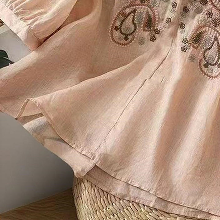 Chemise décontractée ample à manches mi-longues et col ras du cou en coton avec Buddha Stones et boutons grenouille pour femme