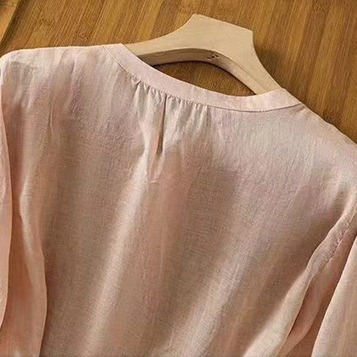Chemise décontractée ample à manches mi-longues et col ras du cou en coton avec Buddha Stones et boutons grenouille pour femme