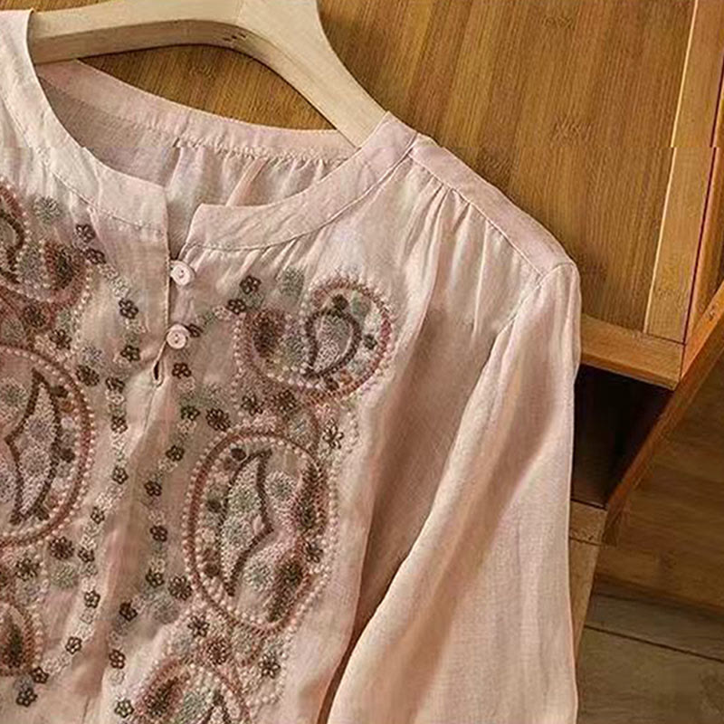 Chemise décontractée ample à manches mi-longues et col ras du cou en coton avec Buddha Stones et boutons grenouille pour femme - image 17