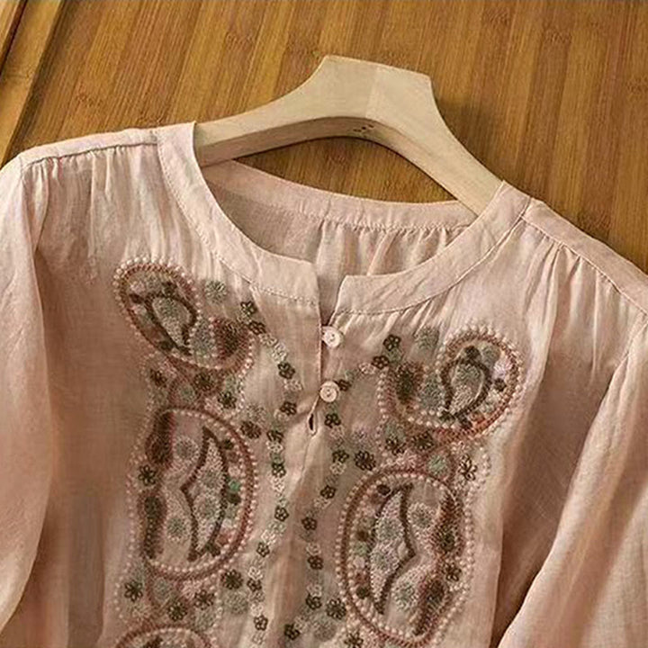 Chemise décontractée ample à manches mi-longues et col ras du cou en coton avec Buddha Stones et boutons grenouille pour femme