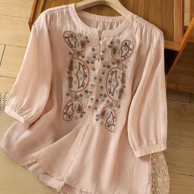 Chemise décontractée ample à manches mi-longues et col ras du cou en coton avec Buddha Stones et boutons grenouille pour femme