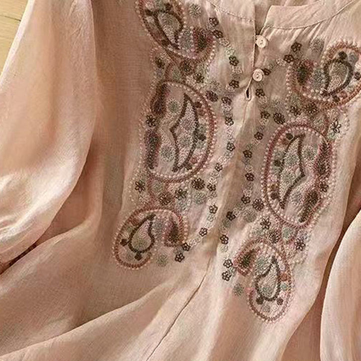 Chemise décontractée ample à manches mi-longues et col ras du cou en coton avec Buddha Stones et boutons grenouille pour femme