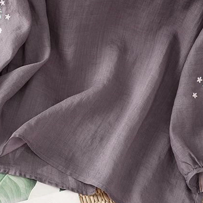 T-shirt décontracté en coton et lin à manches trois-quarts et col ras du cou pour femme avec broderie de fleurs et de feuilles de Buddha Stones - image 2