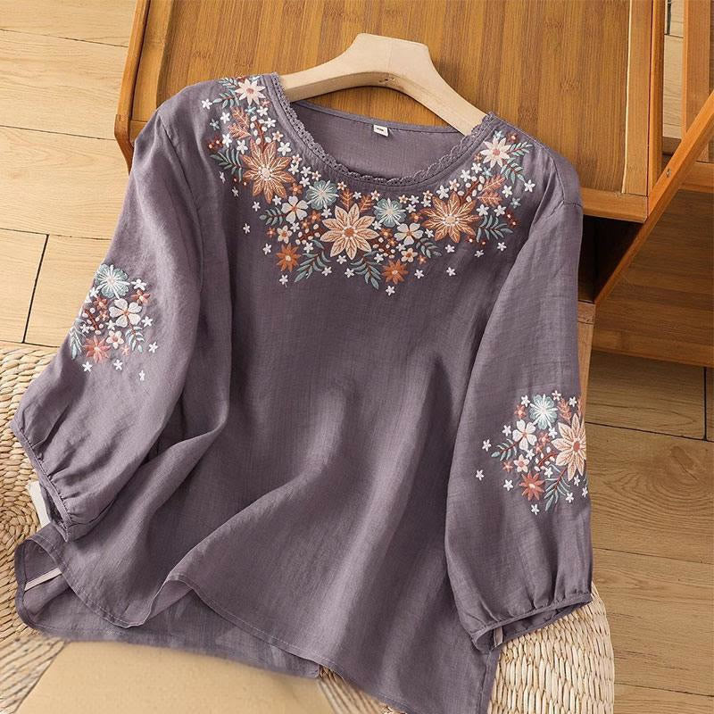 T-shirt décontracté en coton et lin à manches trois-quarts et col ras du cou pour femme avec broderie de fleurs et de feuilles de Buddha Stones - Violet moyen - US12，UK/AU16，EU44 (3XL) - image 0