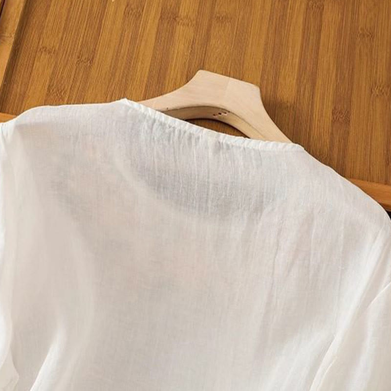 T-shirt décontracté en coton et lin à manches trois-quarts et col ras du cou pour femme avec broderie de fleurs et de feuilles de Buddha Stones