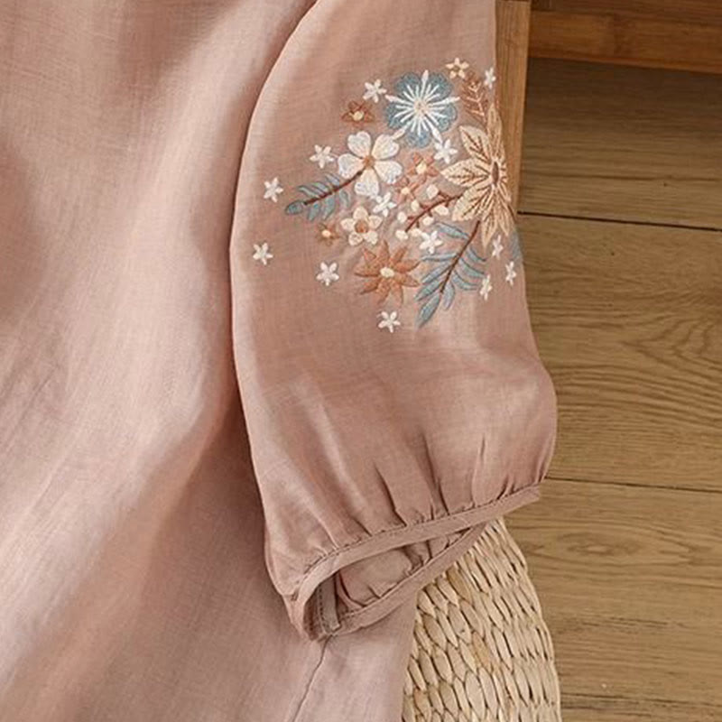 T-shirt décontracté en coton et lin à manches trois-quarts et col ras du cou pour femme avec broderie de fleurs et de feuilles de Buddha Stones