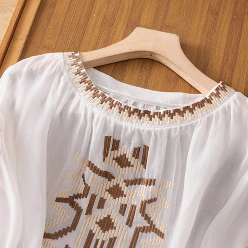 T-shirt décontracté à manches courtes et col ras du cou pour femme, broderie symétrique, motif Buddha Stones, en élasthanne - image 2