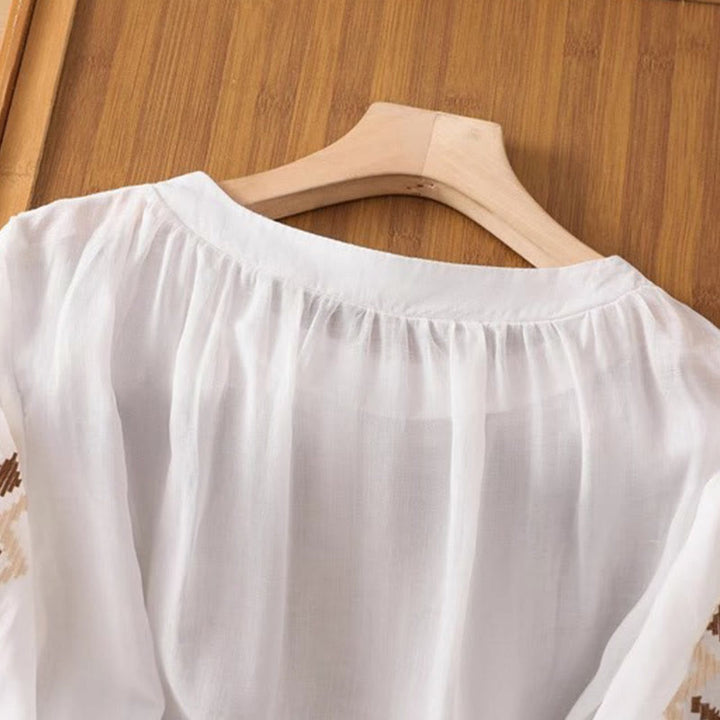 T-shirt décontracté à manches courtes et col ras du cou pour femme, broderie symétrique, motif Buddha Stones, en élasthanne - image 3