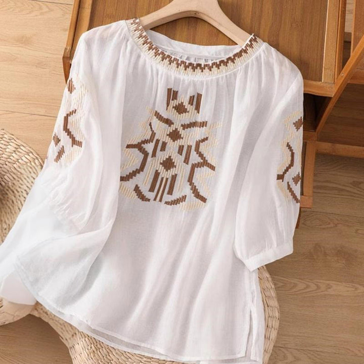 T-shirt décontracté à manches courtes et col ras du cou pour femme, broderie symétrique, motif Buddha Stones, en élasthanne