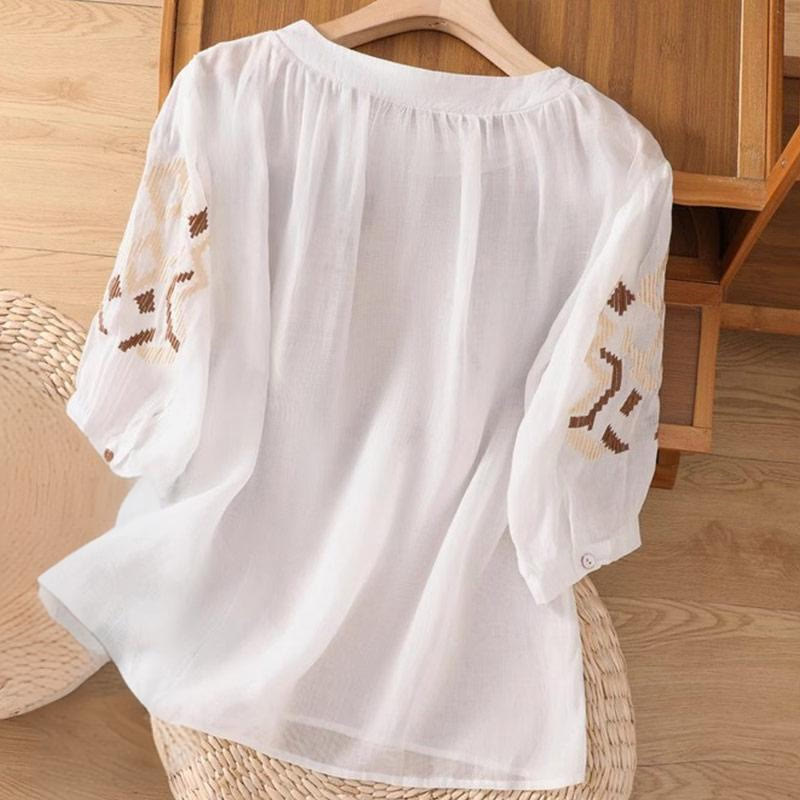 T-shirt décontracté à manches courtes et col ras du cou pour femme, broderie symétrique, motif Buddha Stones, en élasthanne - image 1