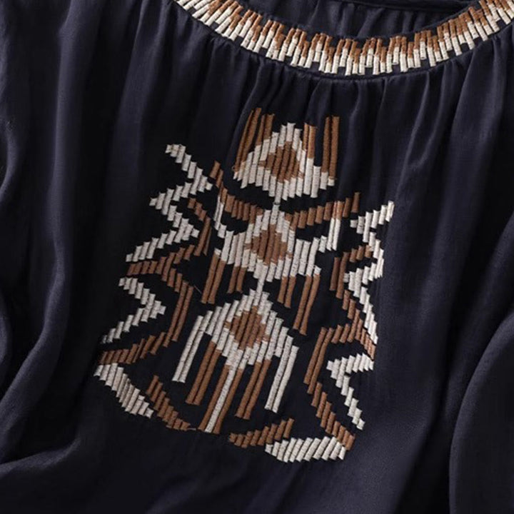 T-shirt décontracté à manches courtes et col ras du cou pour femme, broderie symétrique, motif Buddha Stones, en élasthanne