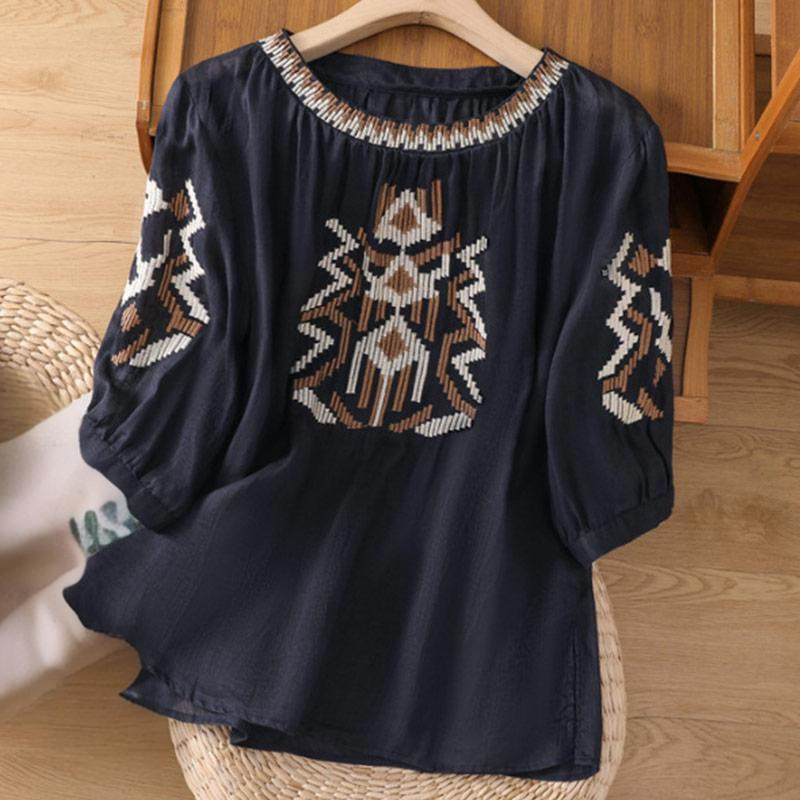 T-shirt décontracté à manches courtes et col ras du cou pour femme, broderie symétrique, motif Buddha Stones, en élasthanne