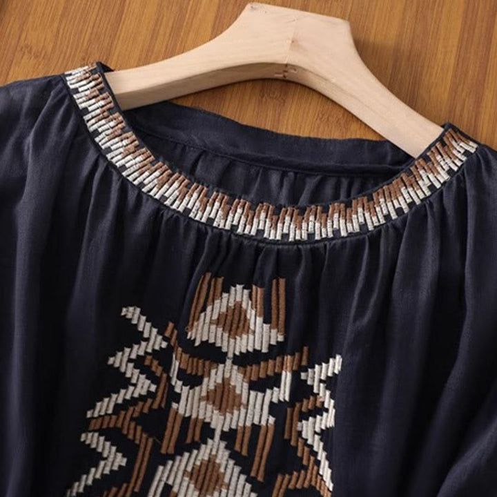 T-shirt décontracté à manches courtes et col ras du cou pour femme, broderie symétrique, motif Buddha Stones, en élasthanne