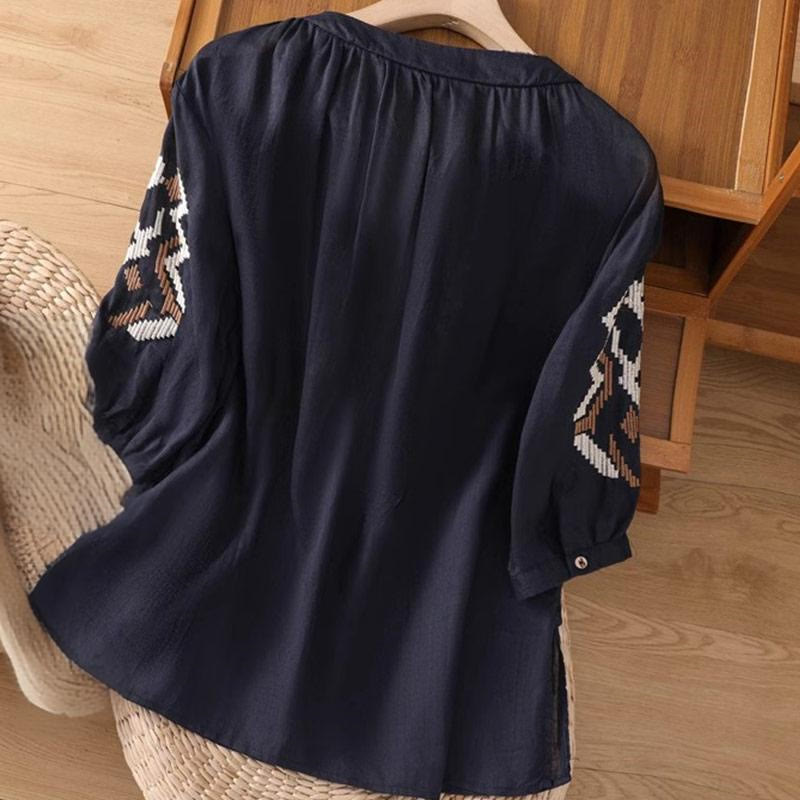 T-shirt décontracté à manches courtes et col ras du cou pour femme, broderie symétrique, motif Buddha Stones, en élasthanne