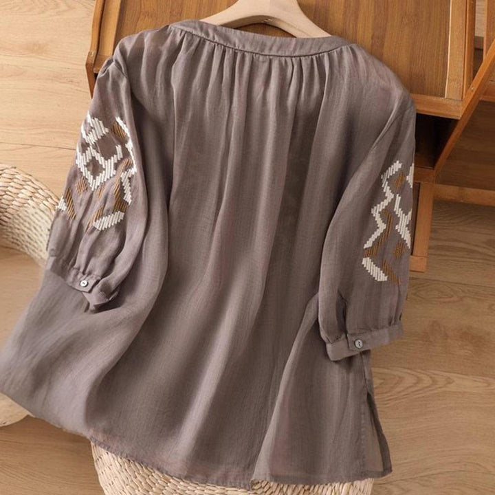 T-shirt décontracté à manches courtes et col ras du cou pour femme, broderie symétrique, motif Buddha Stones, en élasthanne