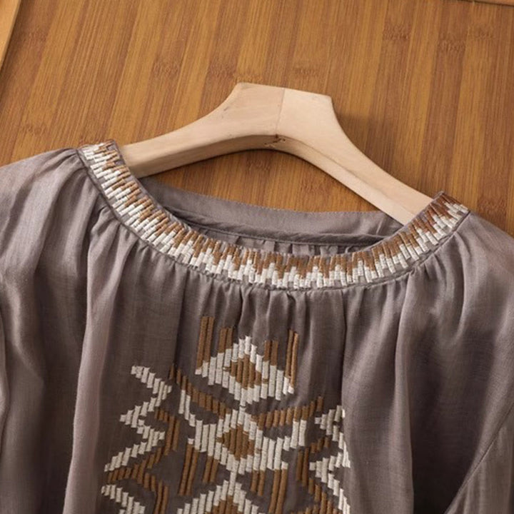 T-shirt décontracté à manches courtes et col ras du cou pour femme, broderie symétrique, motif Buddha Stones, en élasthanne