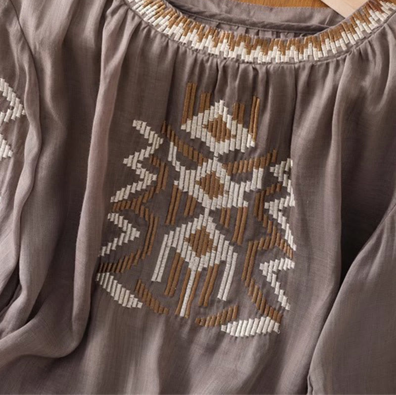 T-shirt décontracté à manches courtes et col ras du cou pour femme, broderie symétrique, motif Buddha Stones, en élasthanne