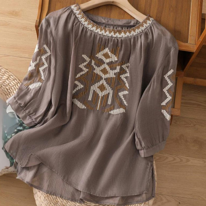 T-shirt décontracté à manches courtes et col ras du cou pour femme, broderie symétrique, motif Buddha Stones, en élasthanne