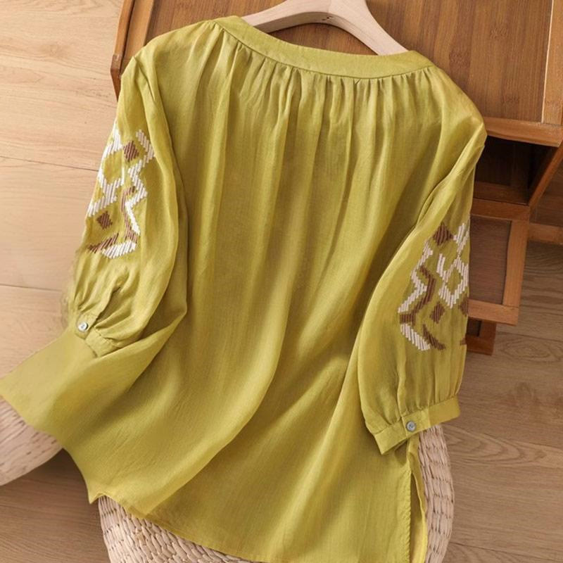 T-shirt décontracté à manches courtes et col ras du cou pour femme, broderie symétrique, motif Buddha Stones, en élasthanne