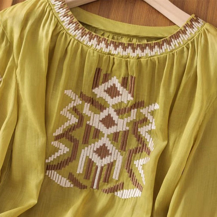 T-shirt décontracté à manches courtes et col ras du cou pour femme, broderie symétrique, motif Buddha Stones, en élasthanne