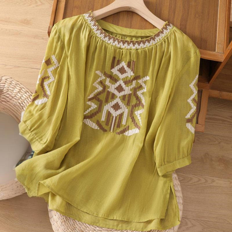 T-shirt décontracté à manches courtes et col ras du cou pour femme, broderie symétrique, motif Buddha Stones, en élasthanne