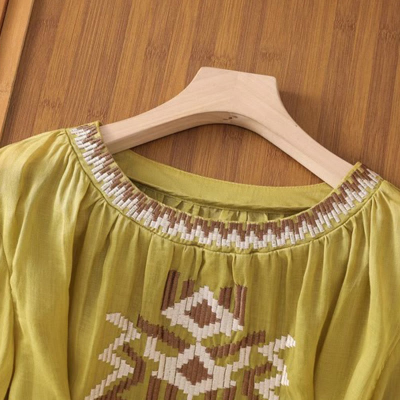 T-shirt décontracté à manches courtes et col ras du cou pour femme, broderie symétrique, motif Buddha Stones, en élasthanne