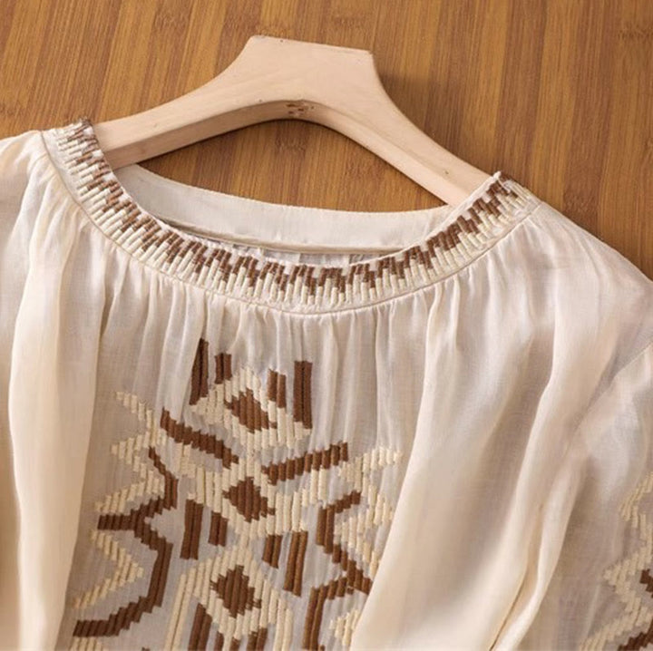 T-shirt décontracté à manches courtes et col ras du cou pour femme, broderie symétrique, motif Buddha Stones, en élasthanne