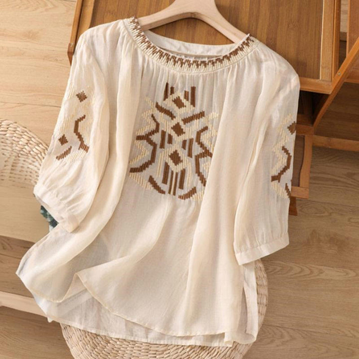 T-shirt décontracté à manches courtes et col ras du cou pour femme, broderie symétrique, motif Buddha Stones, en élasthanne