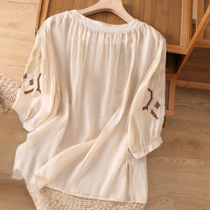 T-shirt décontracté à manches courtes et col ras du cou pour femme, broderie symétrique, motif Buddha Stones, en élasthanne