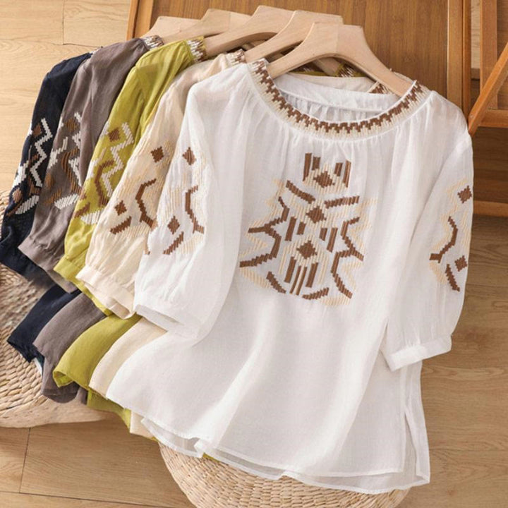 T-shirt décontracté à manches courtes et col ras du cou pour femme, broderie symétrique, motif Buddha Stones, en élasthanne