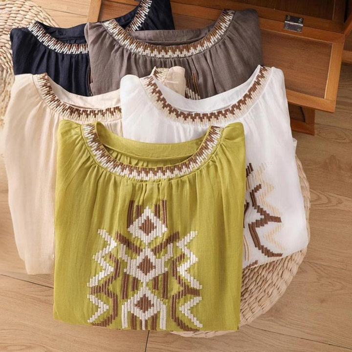 T-shirt décontracté à manches courtes et col ras du cou pour femme, broderie symétrique, motif Buddha Stones, en élasthanne