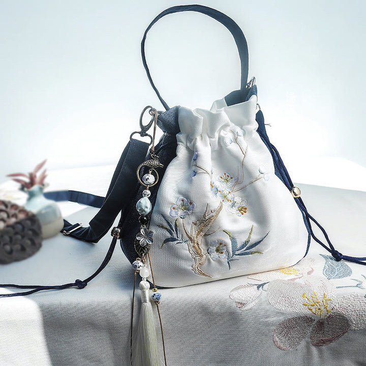 Sac fourre-tout en coton et lin brodé de Buddha Stones , sac à bandoulière, sac à main, magnolia, fleur de prunier