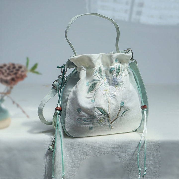 Sac fourre-tout en toile brodé de Buddha Stones et de fleurs de poirier vertes