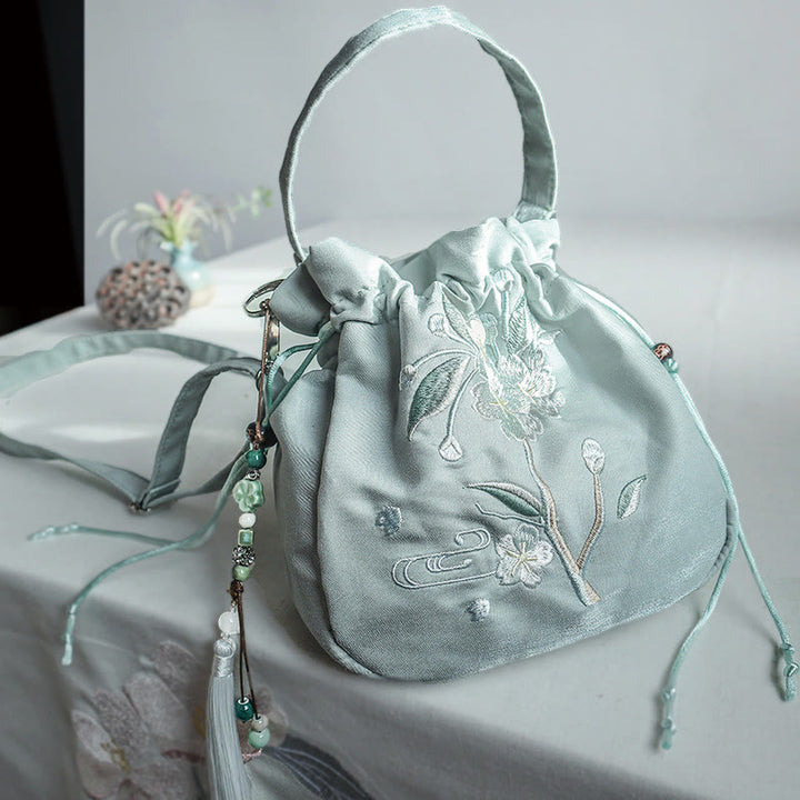 Sac fourre-tout en toile brodé de Buddha Stones , de fleurs vertes et de feuilles, sac à bandoulière, sac à main