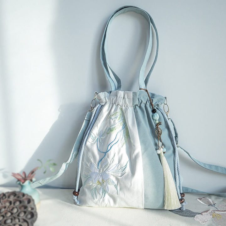 Sac fourre-tout en toile brodé de Buddha Stones , sac à bandoulière, sac à main, poire verte et bleue, Epiphyllum